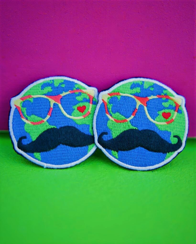 Travel Patch- World-Hipster-Iron On Patch- Globe-Mustache-Glasses- Heart- Shades- Cool Guy