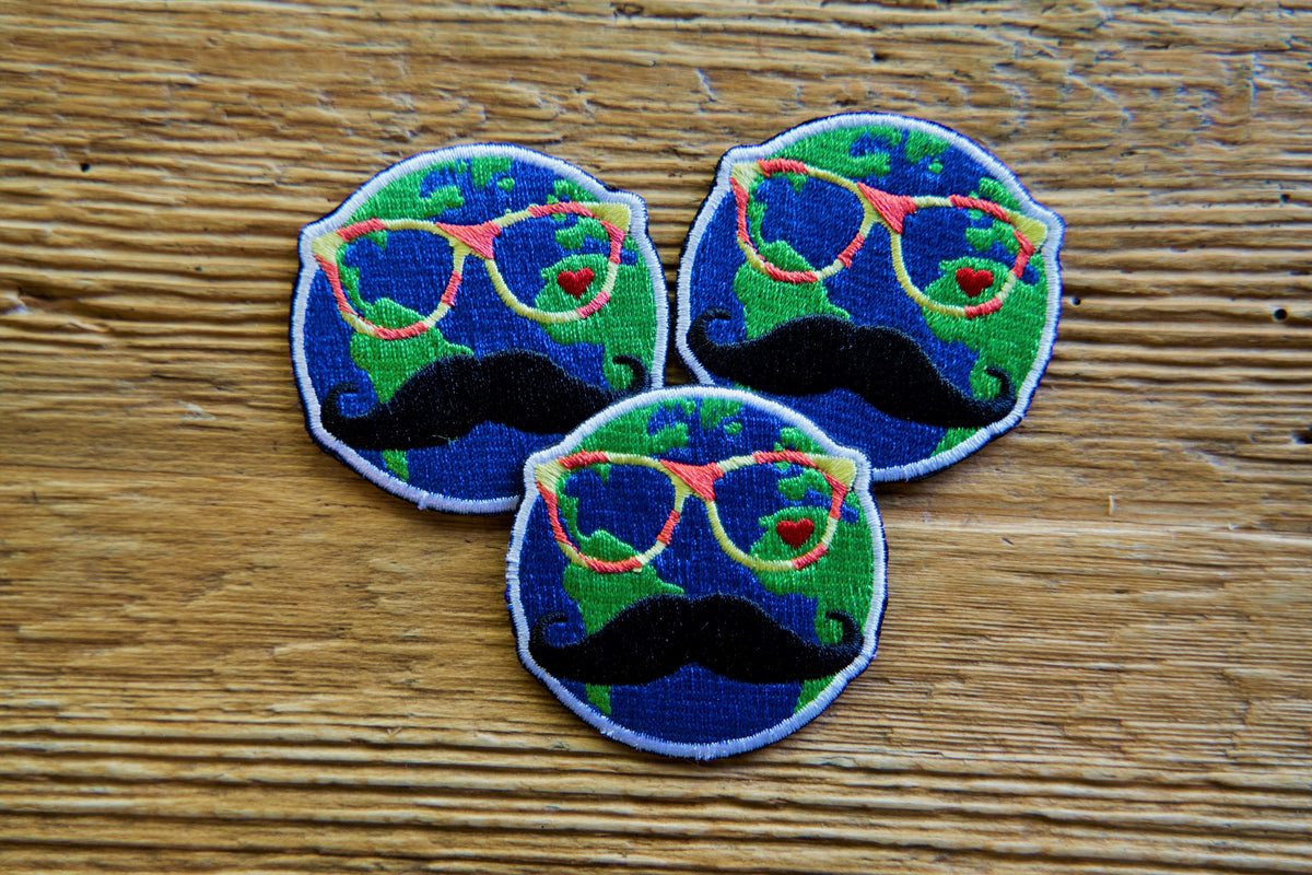 Travel Patch- World-Hipster-Iron On Patch- Globe-Mustache-Glasses- Heart- Shades- Cool Guy