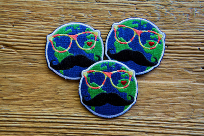Travel Patch- World-Hipster-Iron On Patch- Globe-Mustache-Glasses- Heart- Shades- Cool Guy