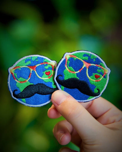 Travel Patch- World-Hipster-Iron On Patch- Globe-Mustache-Glasses- Heart- Shades- Cool Guy