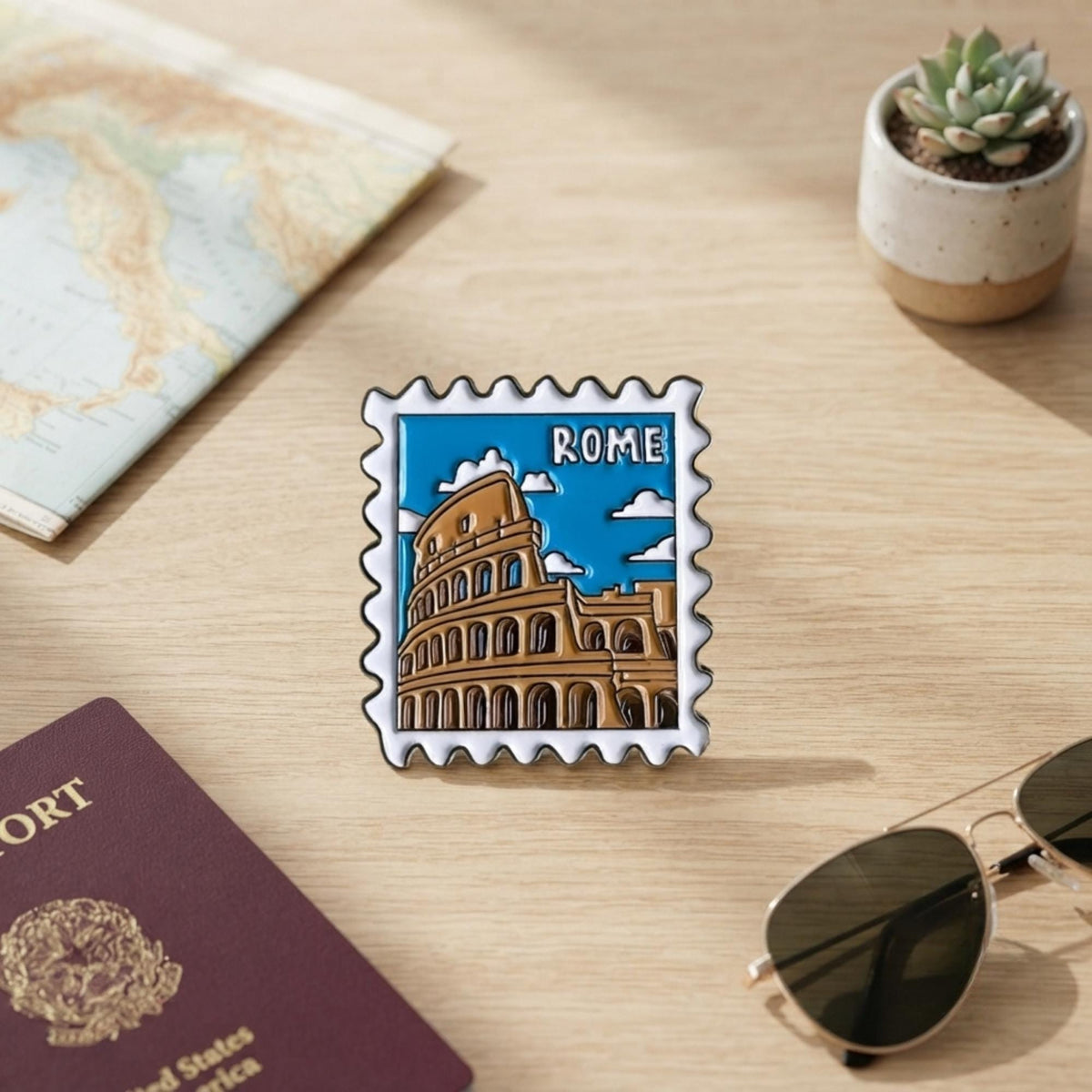 Wanderlust Rome Enamel Pin – Travel Souvenir Colosseum Patches