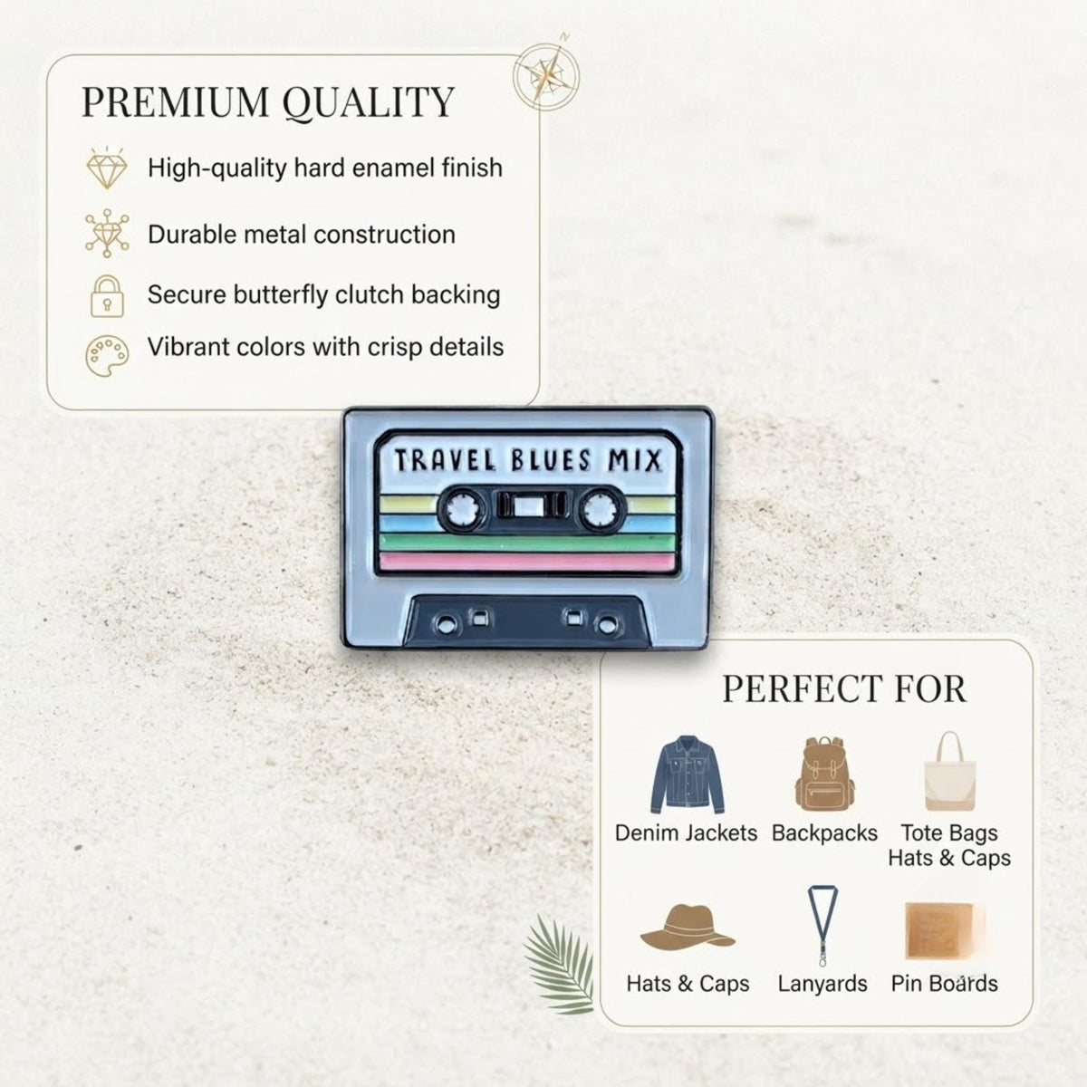 Road Trip Wanderlust Pin – Retro Travel Blues Cassette Enamel Record Pin Collector